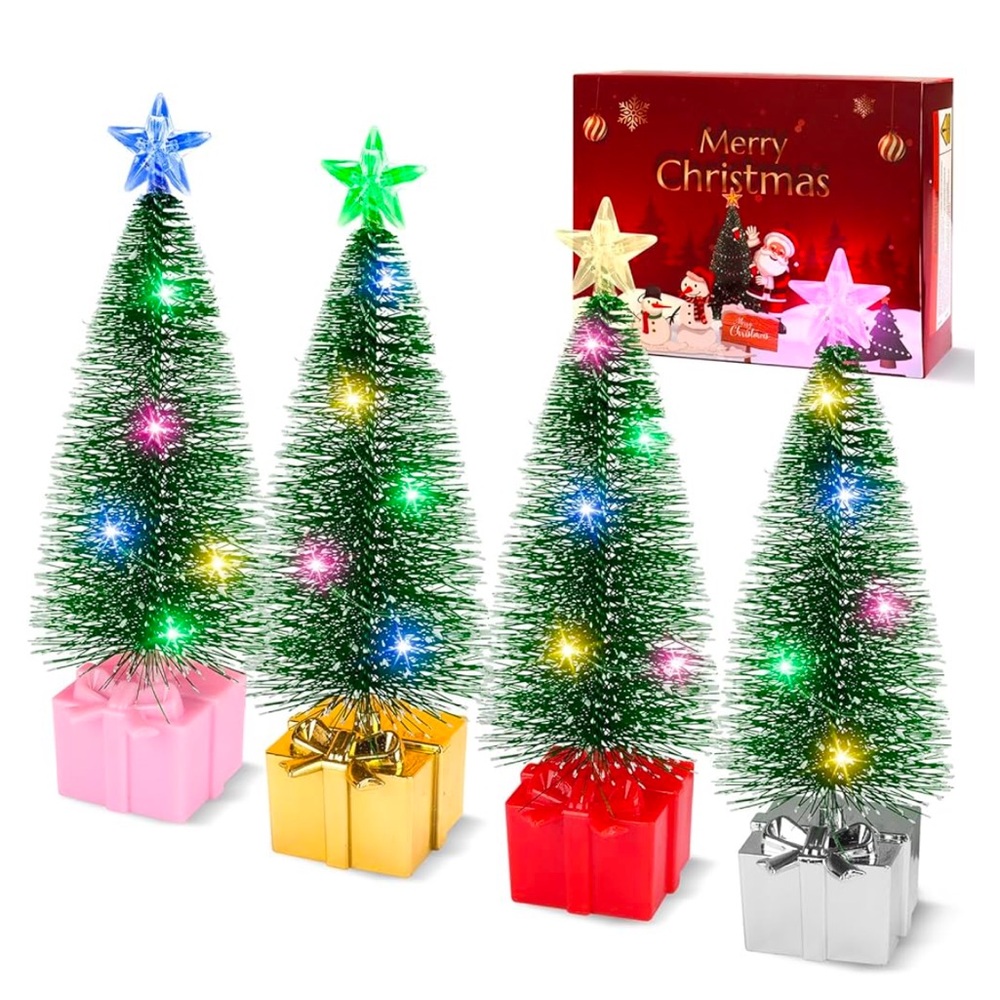 Set of 4 Festive Mini Christmas Trees, 6" Tabletop Christmas Decorations